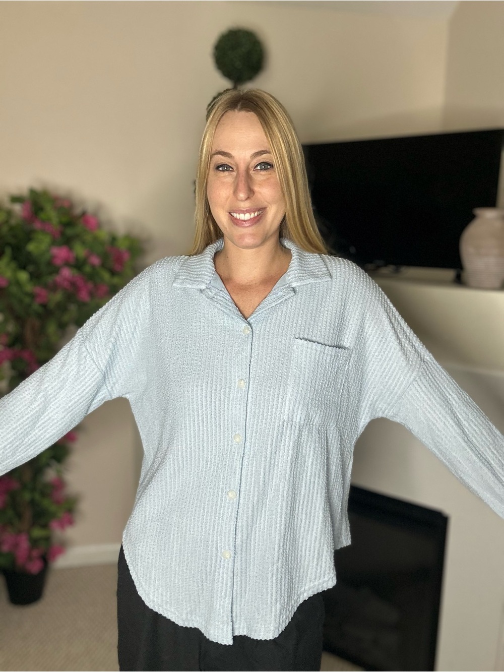 New Amazon Women's Waffle-Knit Button Down Shirt in Light Blue